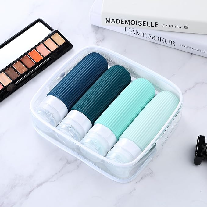 Travel Bottles for Toiletries, Tsa Approved 3oz Portable Travel Bottles, BPA Free Leak Proof Squeezable Silicone Travel Size Containers, Travel Accessories with Clear Toiletry Bag (4 Pack)