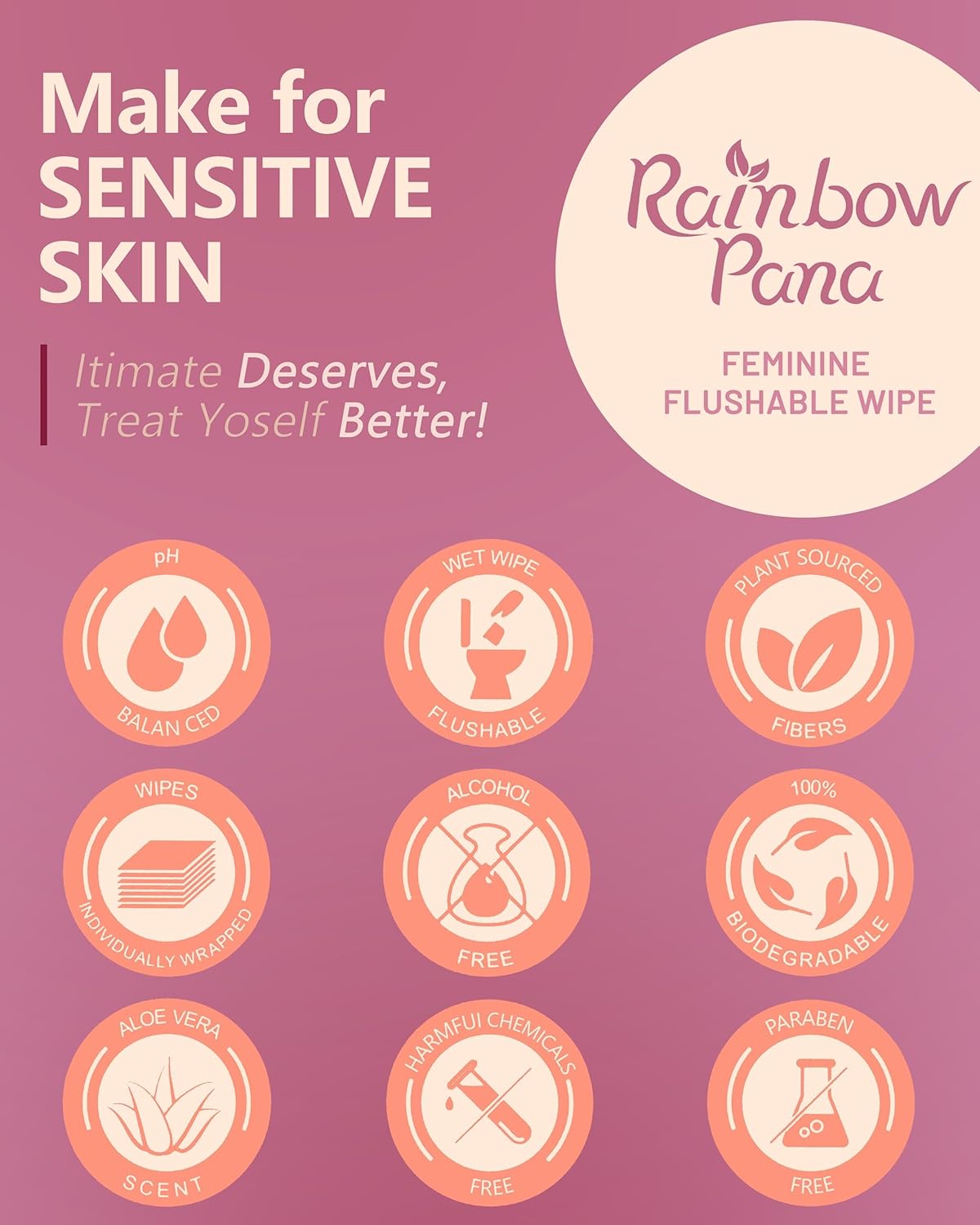 RainbowPana Feminine Wipes, 40 Count ON-THE-GO Individually Wrapped | Flushable Wipes, Travel Wipes for Women, Pre/Post-Intimacy Cleansing | Aloe, Portulaca, Vitamin E | pH Balanced, Biodegradable