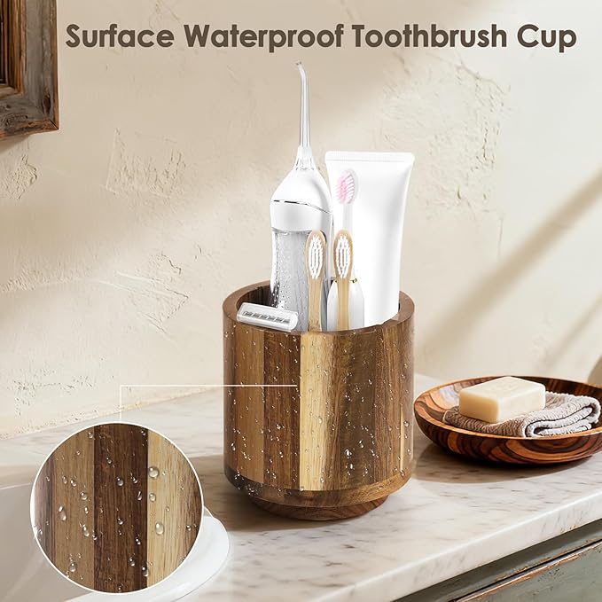 Toothbrush Holders for Bathrooms,Toothbrush Cup,Wooden Bathroom Cup with Rotation,Bathroom Counter Organizer with Vent Hole,Desk Organizer,For Electric Toothbrush,Toothpaste,Water Flosser,Razor