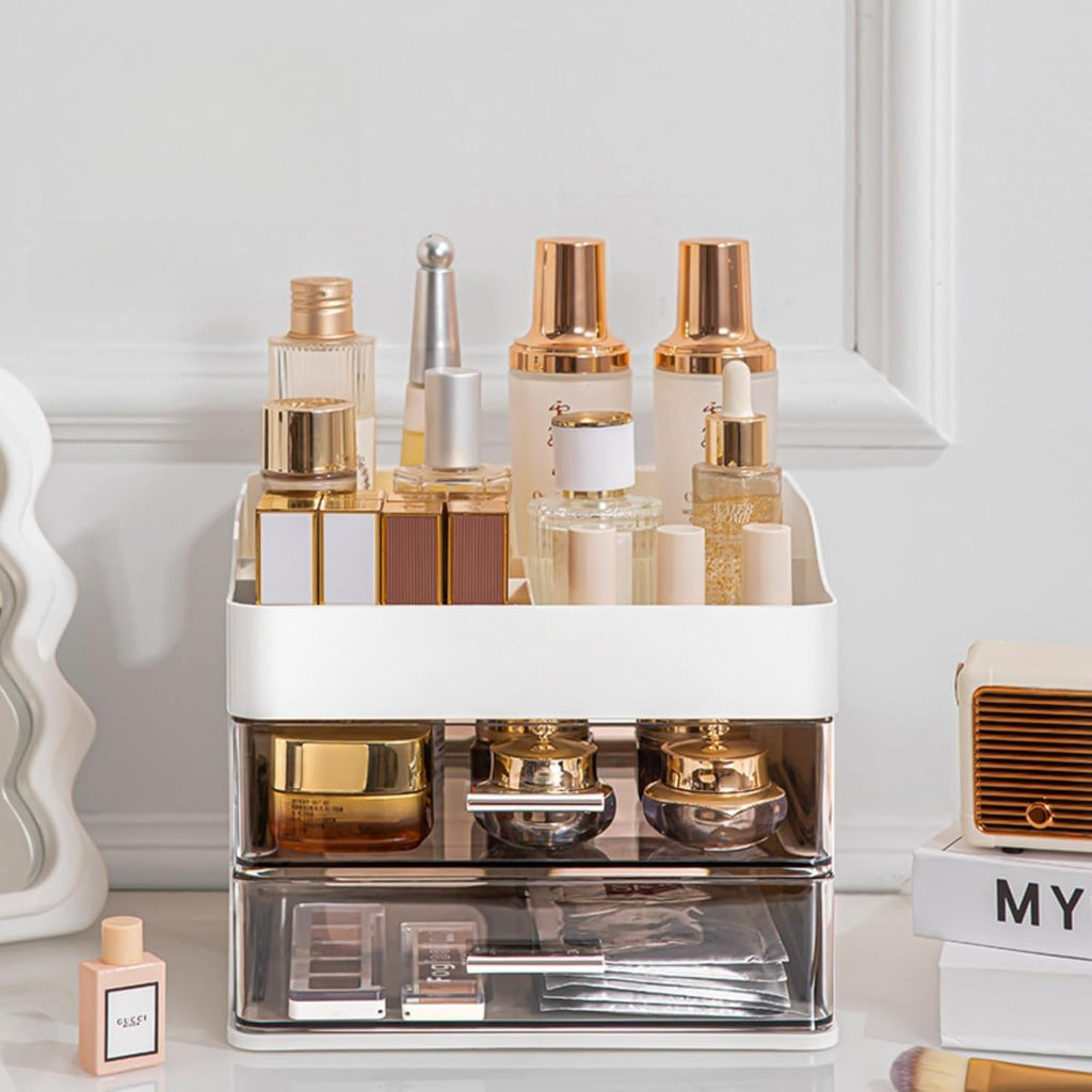 Pink Makeup & Skincare Organizer - 2 Drawer Vanity Storage Box with Cosmetic Display Case