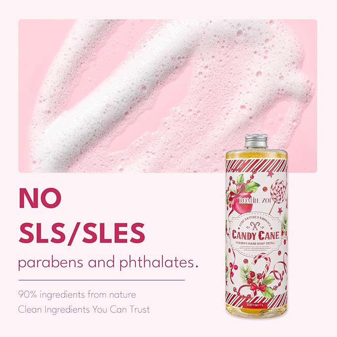 ROMIIE ZOI Christmas Foaming Hand Soap Refill- Candy Cane - Infused with Peppermint Candy Cane Aroma, Gentle & Moisturizing Formula for Home & Kitchen, 1 L/ 33.8 FL OZ