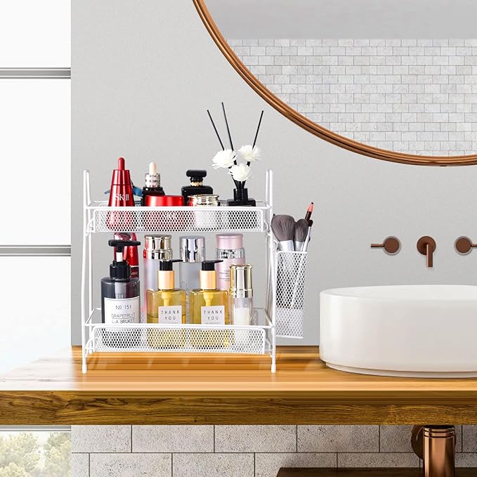 2024 upgraded Bathroom Organizer with Basket, 2-Tier Bathroom Tray for Countertop Storage Shelf, Vanity Organizer and Storage Kitchen Counter Organizers Spice Rack(White)