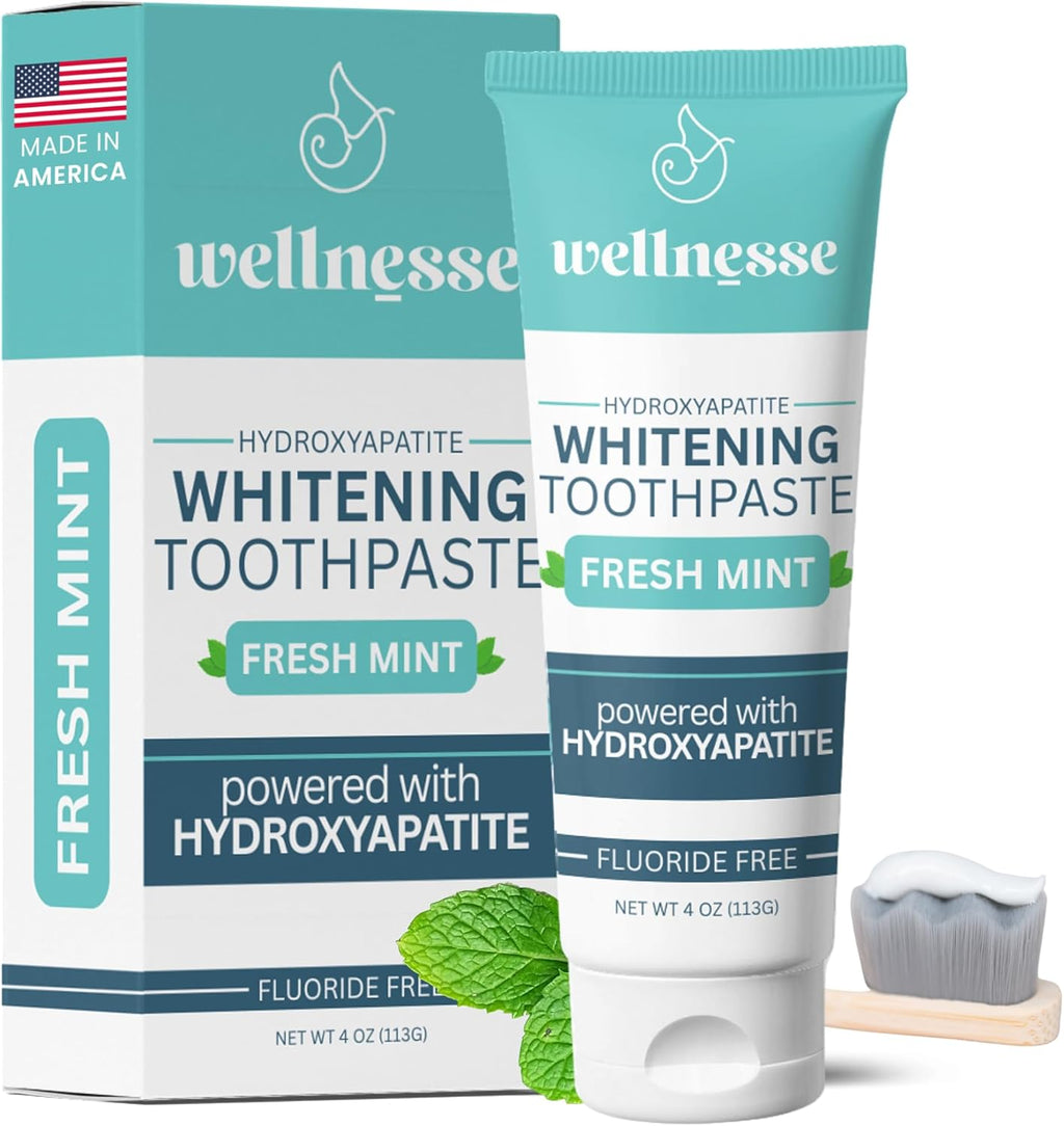 Wellnesse Whitening Hydroxyapatite Toothpaste with Xylitol, Natural Fluoride-Free Teeth Whitening Toothpaste for Adults, Strengthens Enamel, Supports Gum Health, Fresh Mint Flavor, 4 oz (Pack of 1)