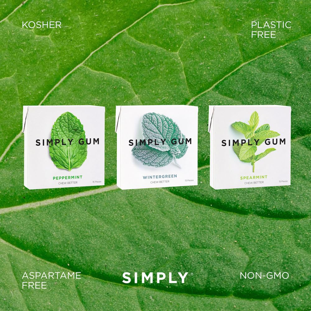 SIMPLY Gum Mint Variety Pack (Peppermint, Spearmint, Wintergreen), Plastic-Free Natural Chewing Gum, 6 Pack (90 Pieces) | Vegan, Kosher, Non GMO, Aspartame Free and Sorbitol Free