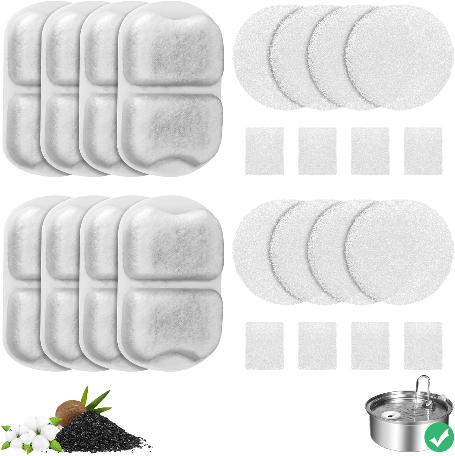 8-Pack Dog Water Fountain Filter Replacement for 7L/230oz/1.8G Stainless Steel Dog Fountain Super Quiet with Triple Filtration for Large Cats Multi-Pet Home (8 Set Filters for 7L Pet Fountain)