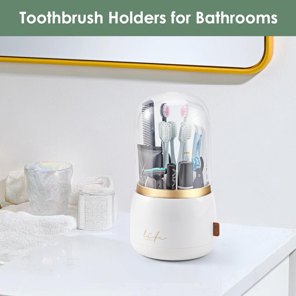Toothbrush Holders for Bathrooms,Rotating 7-Slot with Cover and Draining Water,Kids Electric Toothbrush Holder and Toothpaste Stand Storage for Bathroom Accessories Counter Organizer Vanity