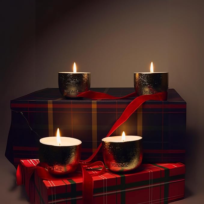 2025 Gold Holiday Votives, Refillable Wellness Candle, Contains Essential Oil, Sustainable, Hand Finished, Hand Poured, Premium, Luxury Ceramic, Natural Cotton Wick, Soy-Wax Blend