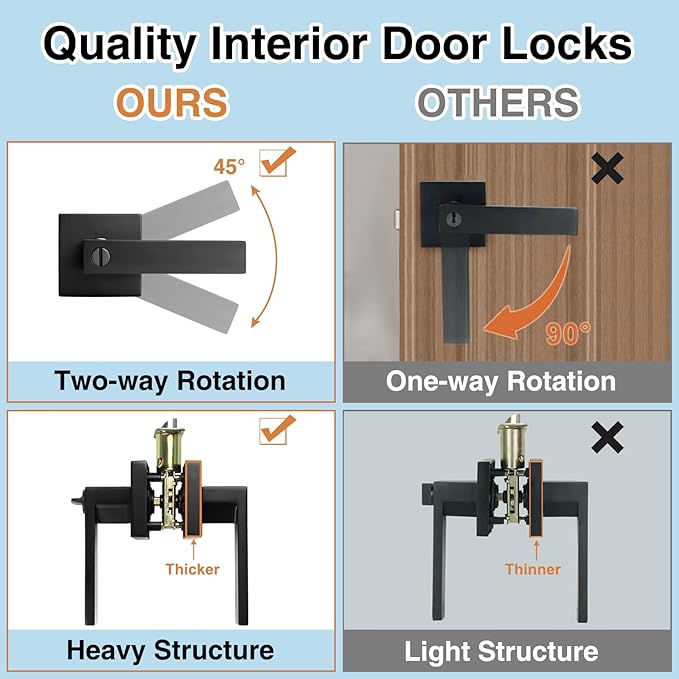 10 Pack Black Door Handle Interior Privacy Door Levers Set, Keyless Square Door Knob Lock for Bedroom or Bathroom, Heavy Duty Door Handles with Reversible Handle for Left Right Sided Doors