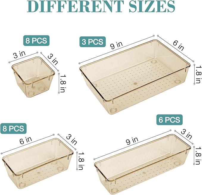 25 PCS Drawer Organizer Set, 5 Varied Size Bathroom and kitchen Drawer cabinet organizer Trays, Clear Storage Bins for Makeup, Jewelry, Utensils and Gadgets, Champagne