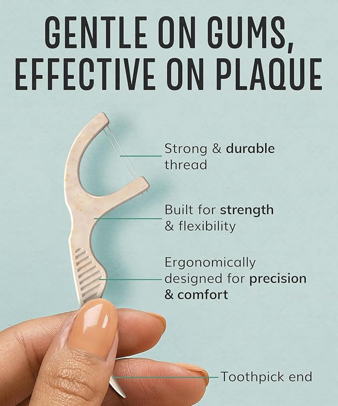 Dental Floss Picks (200pcs) - Flossers for Adults, Vegan Corn-Straw Handle, Superior Oral Care & Anti-Shred Thread, Dental Hygiene, Tooth Pick Sticks, Teeth & Gum Health (Charcoal, Single Thread)