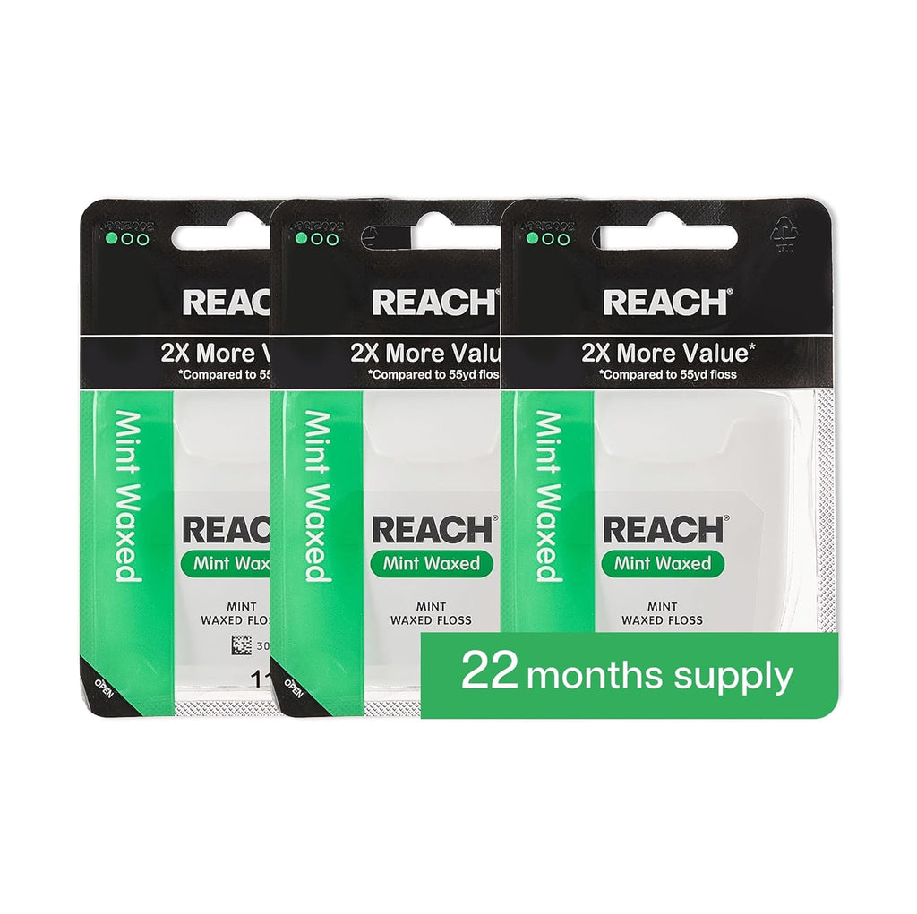 REACH Waxed Dental Floss, Mint, 2X More Value, Plaque Remover for Teeth, Shred Resistant, Floss Slides Smoothly, Easy to Use, Waxed, for Adults & Kids, Oral Care, PFAS Free, 3 Pack, 115 yd