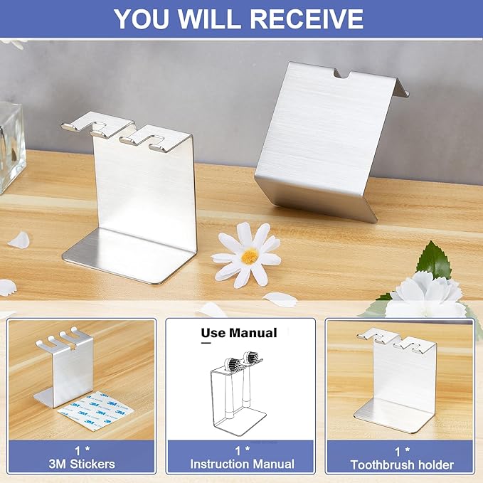 Electric Toothbrush Head Holder, Oukimly Toothbrush Holder Wall Mounted or Desktop, Metal Tooth Brush Holder, Shower Brush Head Holder, Electric Toothbrush Holder for Bathroom (Silver, Small)