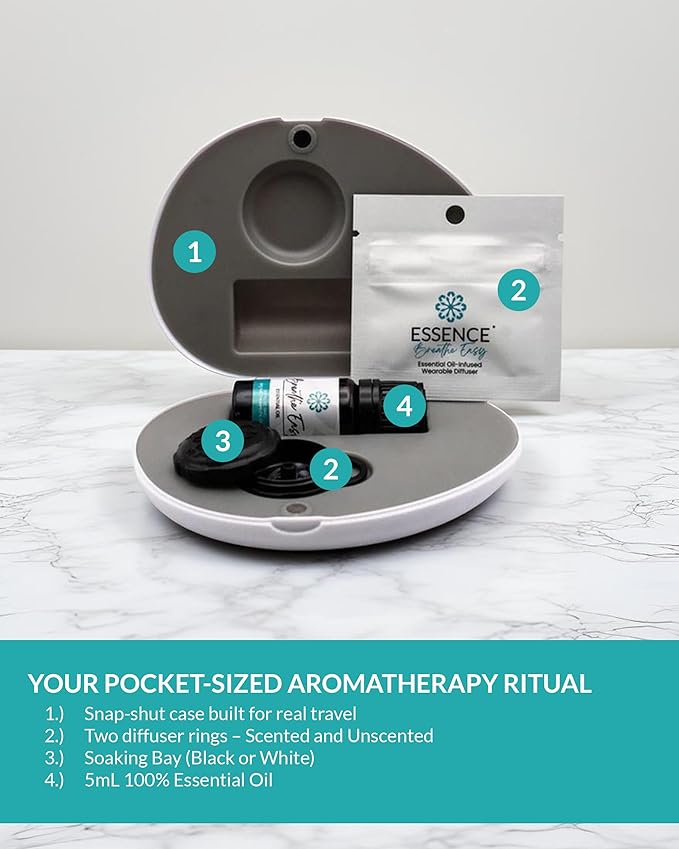 Essence Pearl Travel Case - Wearable Aromatherapy Kit with Nasal Diffuser Rings, Soaking Bay, and 5mL Essential Oil – Portable Wellness Gift Set for On?The?Go Self Care
