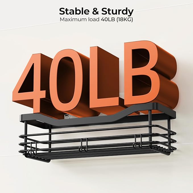 Orimade Adhesive Shower Caddy Shelf with 5 Hooks Organizer Storage Rack Rustproof Wall Mounted Stainless Steel No Drilling for Bathroom, Toilet, Kitchen - 2 Pack,Black