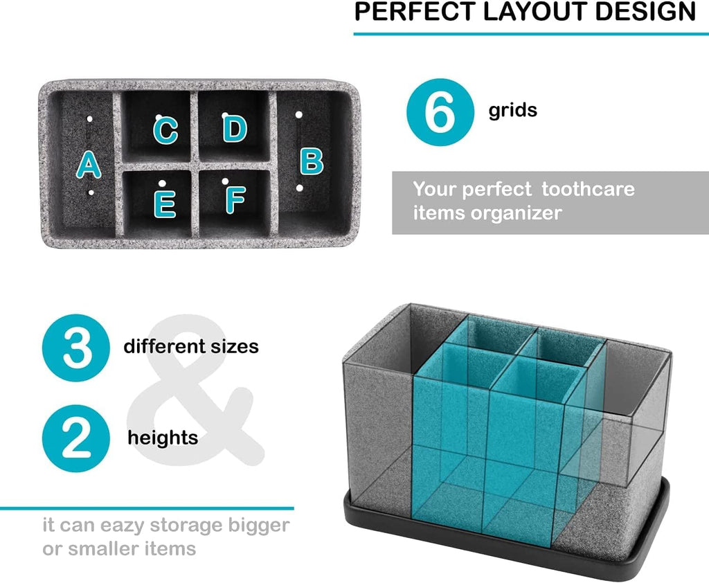 ZCCZ Toothbrush Holder, 6-Slot Bathroom Organizer for Countertop Storage, Holds Toothpaste, Dental Floss, Razor, Comb, Makeup Brushes, and More, Compact Tooth Brushing Stand for Efficient Organization