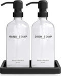 Glass Hand and Dish Soap Dispenser Set by Brighter Barns - Kitchen Soap Dispenser Set with Tray, Stainless Steel Pump - Glass Bottles for Sink - Black Kitchen Accessories for Home, Hotel, Gift (Clear)