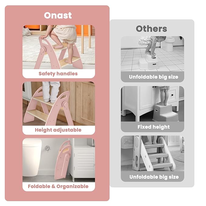 Wooden Step Stool, Two Step Stools, 300 lb. Load Capacity, with Safety Non-Slip Pads and Handles, Bamboo Step Stool for Bathroom and Kitchen, Children's Double Height Step Stools(Pink)