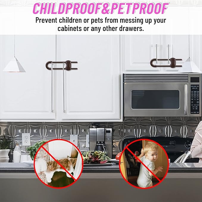 12 Packs Baby Proofing Sliding Cabinet Locks modacraft U-Shaped Child Safety Latches Adjustable White Locks for Handles Knobs Drawers Closet Cupboard - Brown