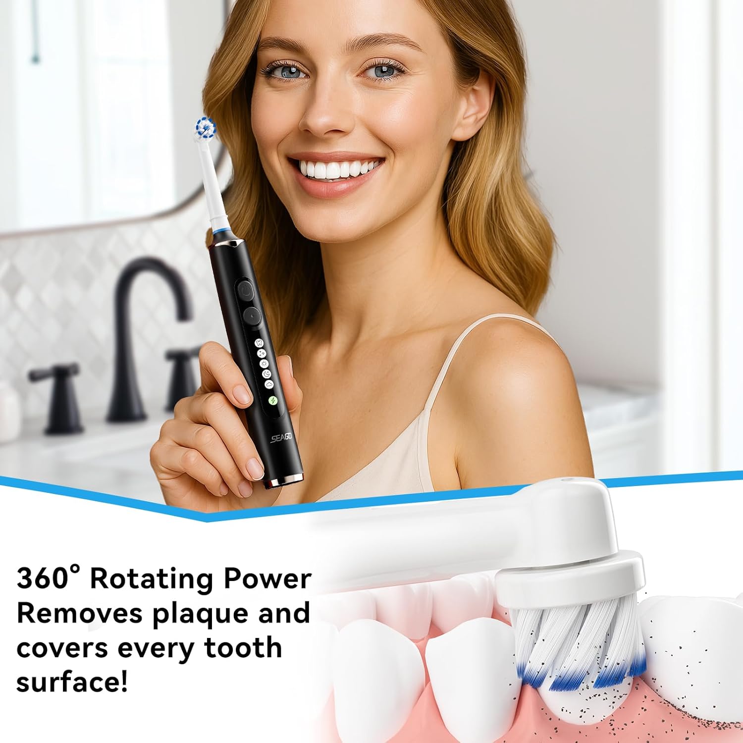 SEAGO Soft Round Electric Toothbrushes with 8 Spin Brush Heads, 5 Cleaning Modes, Rechargeable Sonic Toothbrush with Timer and Travel Case for Adults and Kids(SG-2607-Black