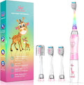 Kids Electric Toothbrush Toddler Toothbrush Age 2-4-8-12 Girls Electric Toothbrush with Timer Rainbow LED Light Up Vibrating Toothbrush Battery Operated Childrens Sonic Tooth Brush (Pink Giraffe)