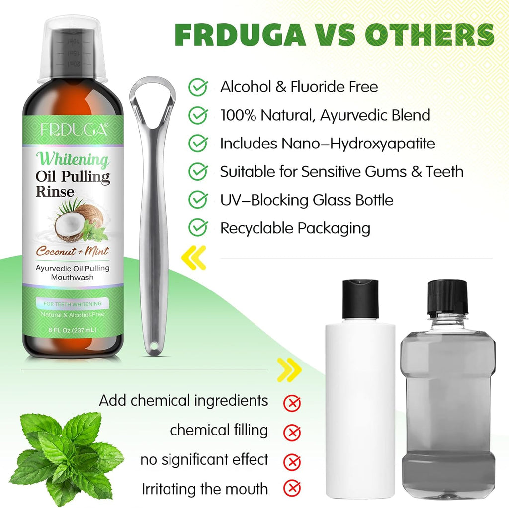 Pulling Oil for Teeth with Natural Coconut&Peppermint Essential Oils and Vitamin D, E, Alcohol Free Mouthwash，Helps with Fresh Breath, Teeth Whitening, Gum Health- with Tongue Scraper, (8 Fl. Oz) (1)