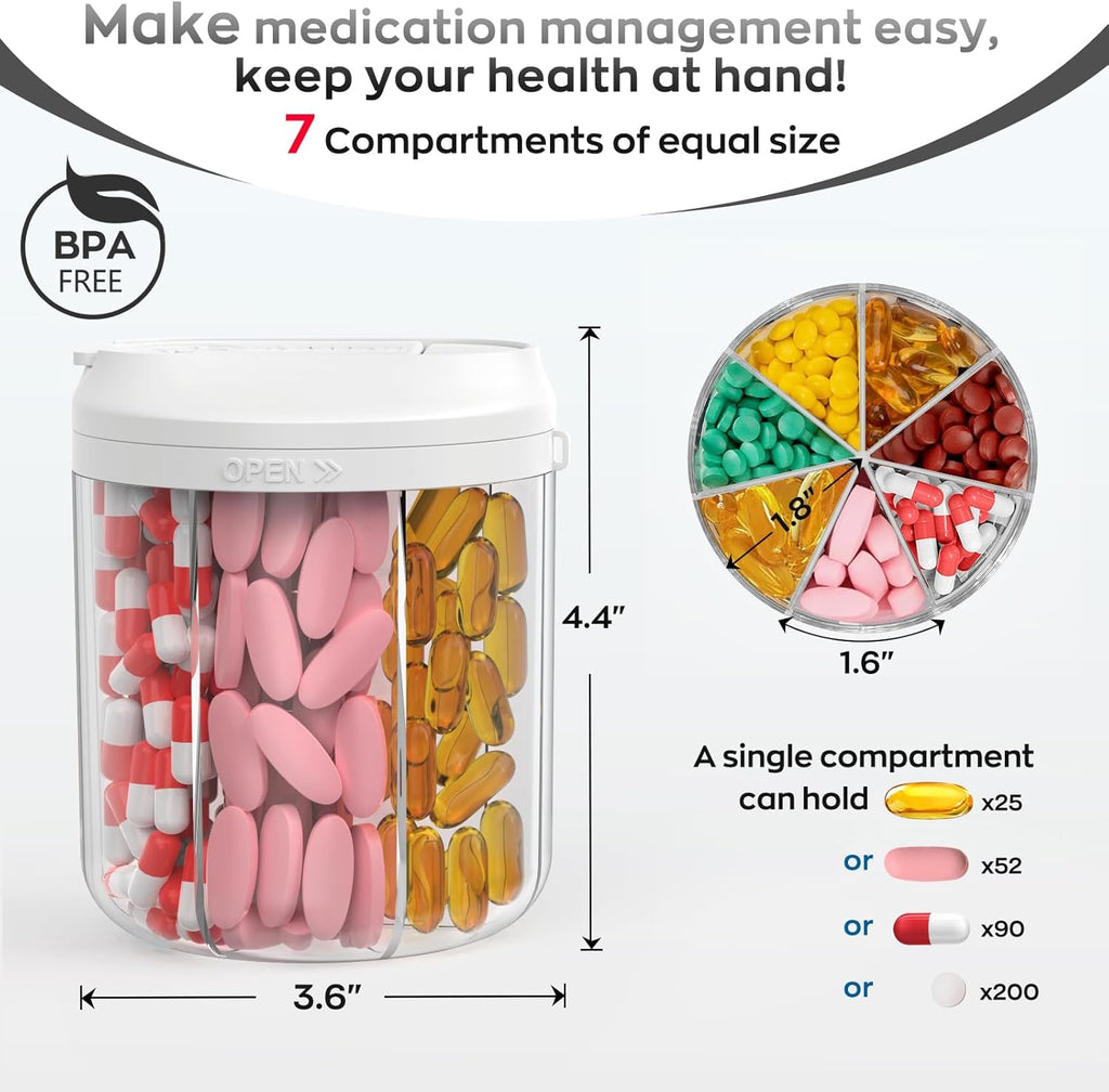 Pill Dispenser with 7 Large Compartments, Pill Organizer for Travel, Supplement Organizer with Anti-Mixing Design, BPA-Free Pill Container with 20 Pcs Labels, Beige