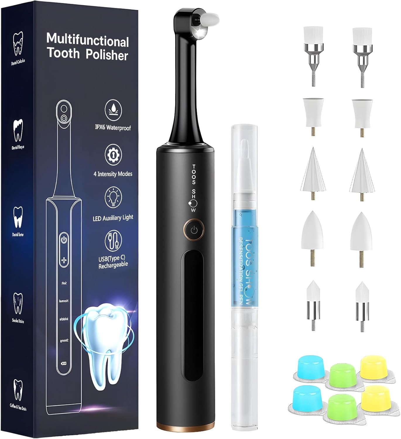 Tooth Polisher Kit with 4 Speed Modes, 5 Brush Heads, 6 Polishing Pastes & Desensitizing Gel,Rechargeable Electric Tooth Polishing Tool with LED Light & Travel Case, Home Use Teeth Whitening Cleaner