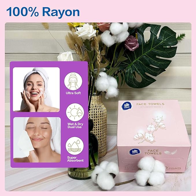 Vinda Ultra – Soft Disposable Face Towels – Extra Large，50 Count – Thick 100% Rayon Fabric Dry Wipes for Sensitive Skin & Makeup Removal