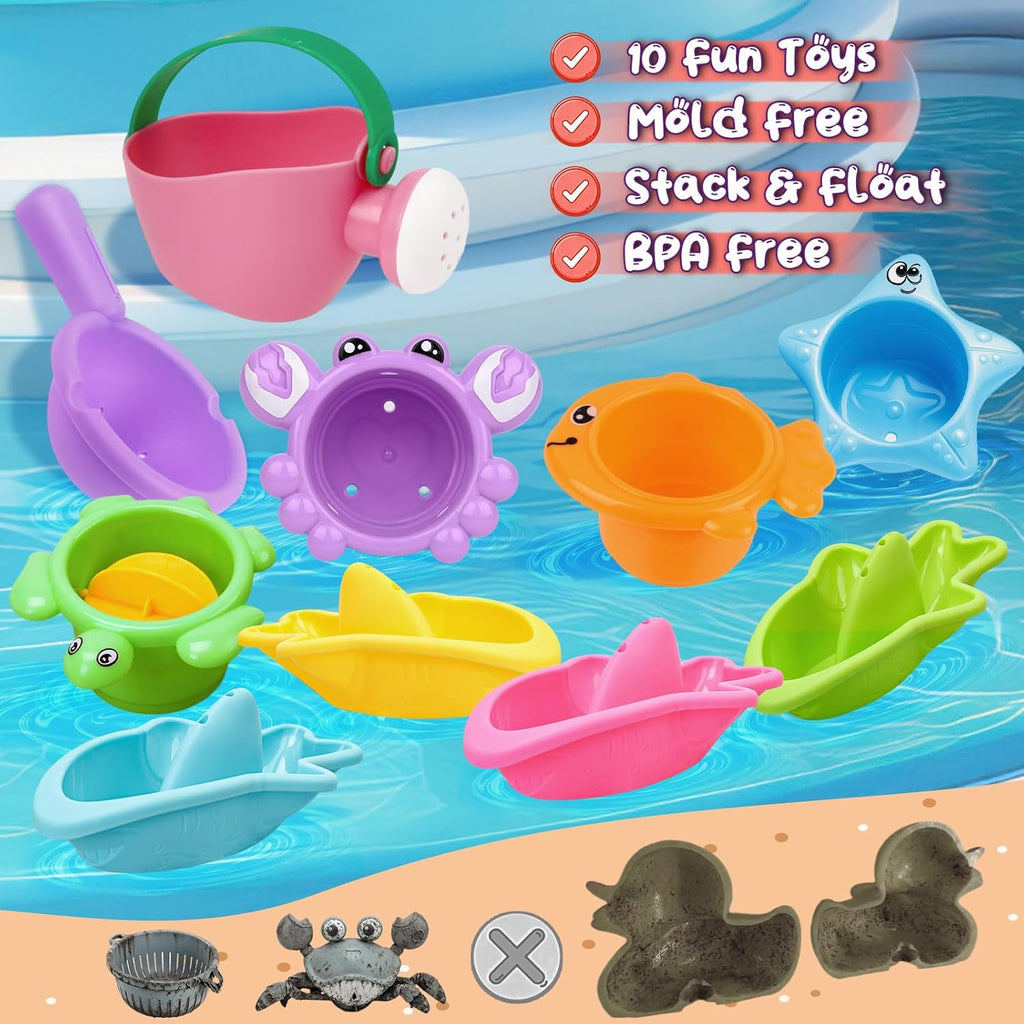 10 Pcs Bath Toys for Kids Ages 1-3, Bathtub & Pool Water Toys for Toddlers 1-3 & Babies 12-18 Months, Water Table Accessories with Floating Boats, Stacking Cups & Pouring Fun for Boys Girls