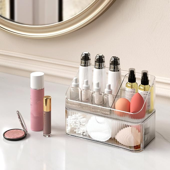 Medicine Cabinet Organizer 2 Tier, Stackable Bathroom Mirror Cabinet Storage，Small Makeup Organizers with 1 Drawer and 1 Tray for Wall Cabinet， Closet， Vanity, Countertop, Clear