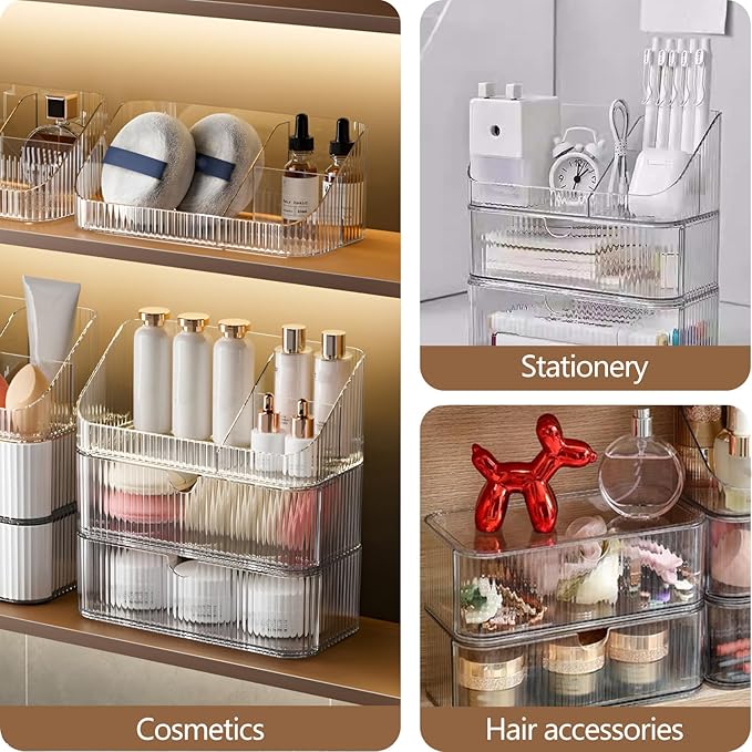 Medicine Cabinet Organizer 2 Tier, Stackable Bathroom Mirror Cabinet Storage，Small Makeup Organizers with 1 Drawer and 1 Tray for Wall Cabinet， Closet， Vanity, Countertop, Clear