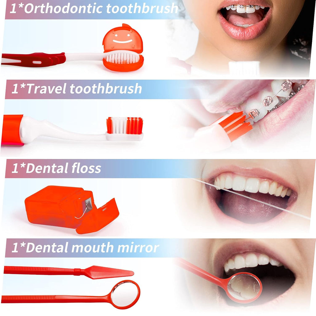 Annhua Braces Cleaning Kit Orthodontic Care Kit 8 Pack, Portable Tooth Cleaning Tools Family Oral Care Hygiene Set with Interdental Brush, Ortho Wax, Floss, Oral Mirror - Red