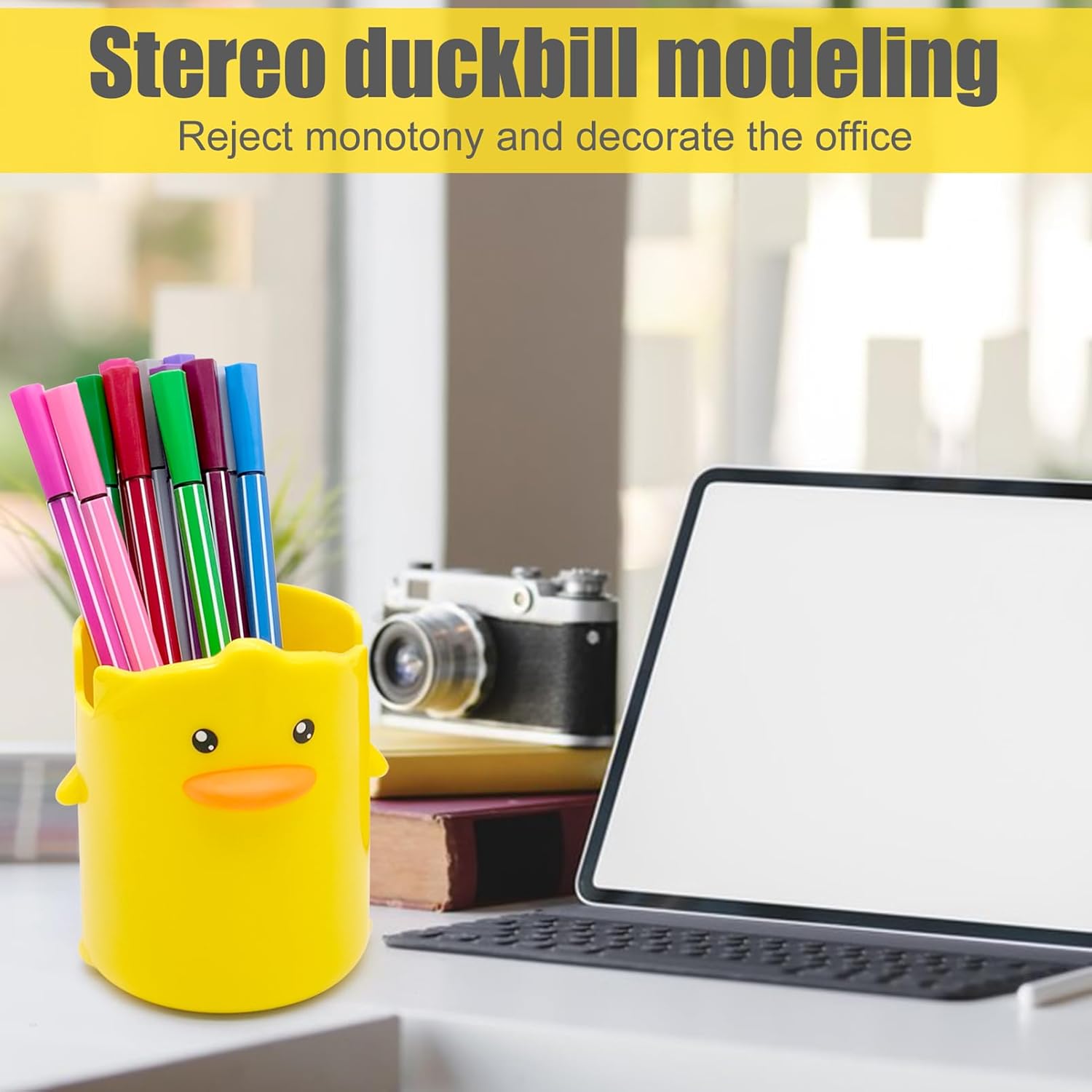 2 Pcs Pencil Holder for Kids, Cute Cartoon Little Yellow Duck Pen Holder, Multifunctional Phone Holder Makeup Brush Holder Stationery Storage Cup