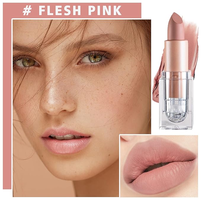 Matte Nude Lipstick Velvet Lip Gloss Non-Fading Non-Sticky Cup Nude Lipstick Matte Lip Stain Long Lasting Waterproof Lipstick for Women Girls Daily Lip Makeup - Flesh Pink