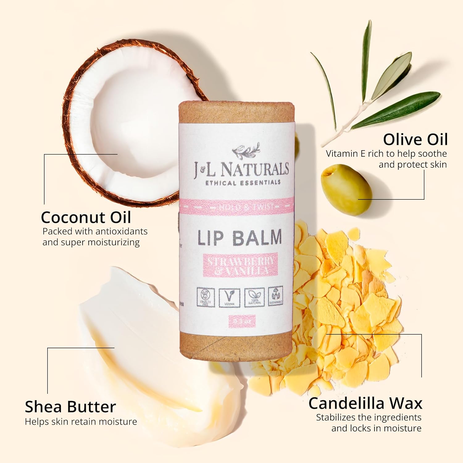 J&L Naturals Sustainable Lip Balm | Organic Ingredients, 100% Natural, Eco-Friendly | Cruelty Free, Vegan, Paraben Free, Silicone Free (Strawberry & Vanilla, 2-Piece Duo)