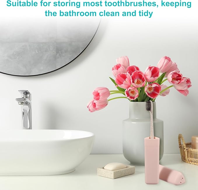 uxcell 4Pcs Travel Toothbrush Case, 8.27 x 1.38 Portable Travel Toothbrush Holder, Plastic Toothpaste Container for Bathroom, Gym, Business Trip, Camping, Pink/Beige