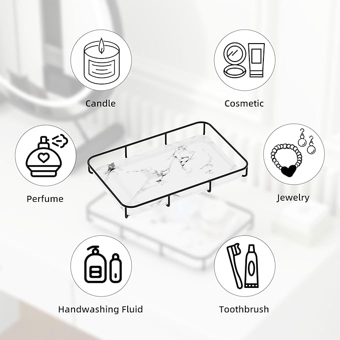 Vanity Tray Makeup Organizer Cosmetics Storage Bathroom Skincare Organizer Countertop Display Rack in Dresser Stainless Steel Shelf Marble Print Ceramic Trays