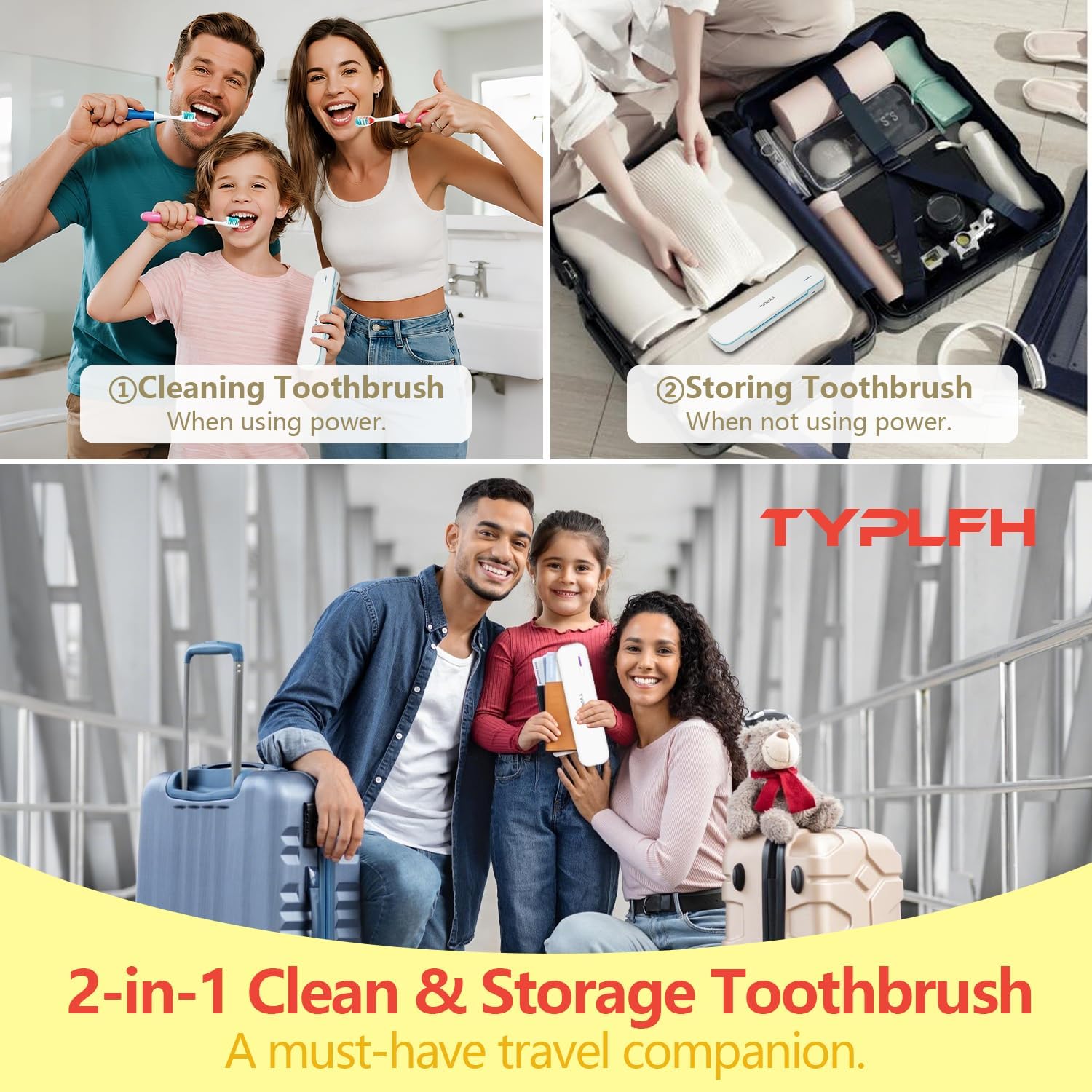 Toothbrush Sanitizer Case, TYPLFH Toothbrush Covers, Portable Toothbrush Travel Holder for Clean and Storage, C Port and AA Batteries Charge, Air Water Filt, Auto-Off, for All Toothbrushes (Blue)