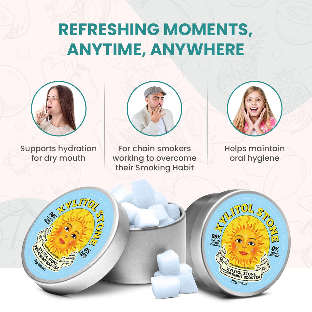 Xylitol Stone Sugar Free Candy - Vegan & Keto Friendly Unique Hard Candy - 100% Natural Flavor Candies - Gluten Free & Non-GMO Breath Freshener Low Calorie Mints - Peppermint Booster (Pack of 2)