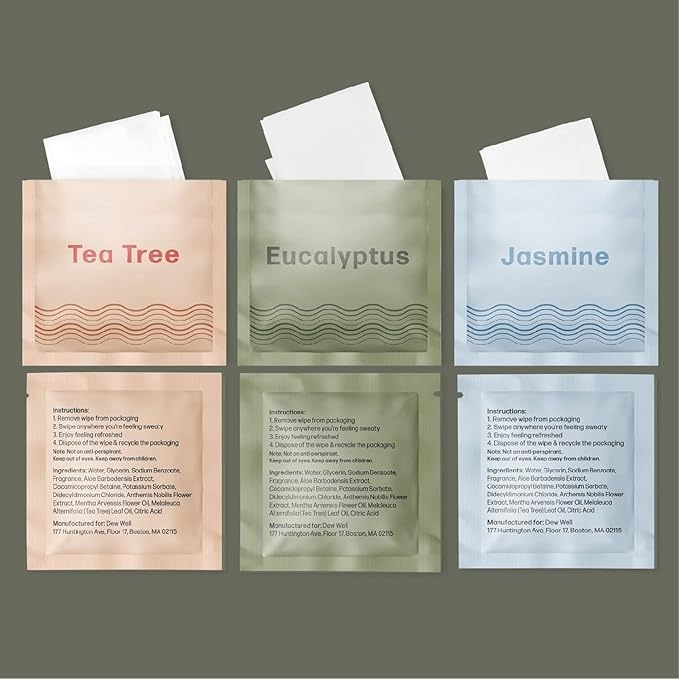 Dew Well Refreshing Deodorant Wipes, Refresh Body Deodorant Wipes, A Fresh Start When You’re On the Go, Aluminum, Paraben, and Sulfate Free, Variety Pack (Tea Tree, Eucalyptus, Jasmine)
