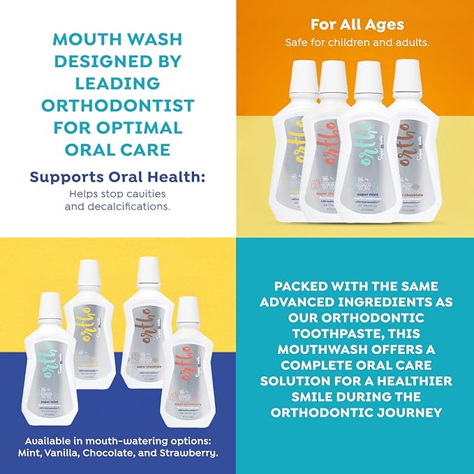 SuperMouth® Ortho Mouthwash – Fluoride + Nano-Hydroxyapatite, Vitamins D3 & K2, Prebiotics, Alcohol-Free, Alkaline pH, Protects Teeth with Braces & Aligners, Reduces White Spots, Tasty Flavors