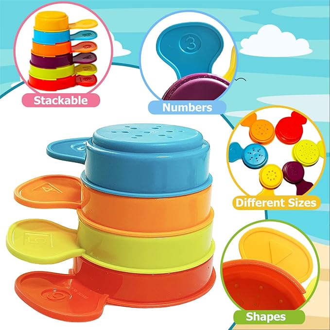 17 PCS Baby Bath Toys for Kids Ages 1-3, Mold Free No Hole Bathtub Toys with Floating Boats, Bath Spoons & Shark Net, Water Table Toys for Pool, Beach, Shower, Bath Toys for 2 3 4 Year Old Boys Girls
