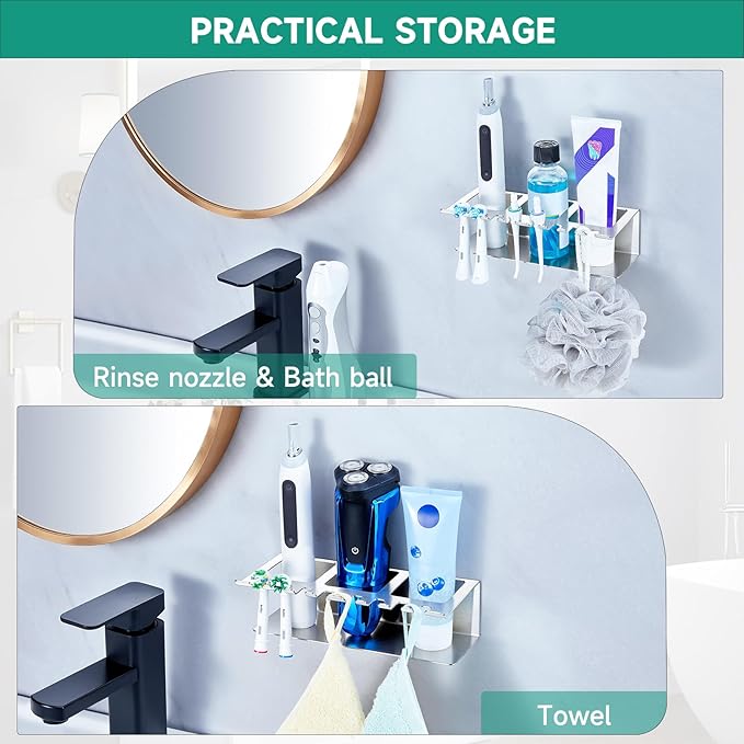 Electric Toothbrush Head Holders, Electric Toothbrush Holders Wall Mounted, Shower Electric Head Holder, Toothbrush and Toothpaste Holder, Adhesive Tooth Brushing Holder for Bathroom (Silver, Large)