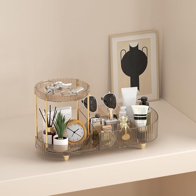 Rotating Makeup Organizer Countertop with Compartment for Vanity, Plastic Vanity Makeup Storage Organizer, 2-in-1 Desk Makeup Holders and Organizers with Perfume Tray for Cosmetics Bathroom