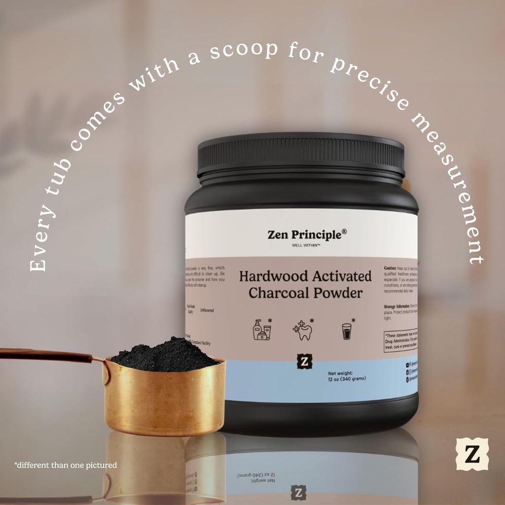 Zen Principle Activated Charcoal Powder only from USA Hardwood Trees. All Natural. Whitens Teeth, Rejuvenates Skin and Hair, Supports Better Digestion. Free Scoop Included. 12 oz.