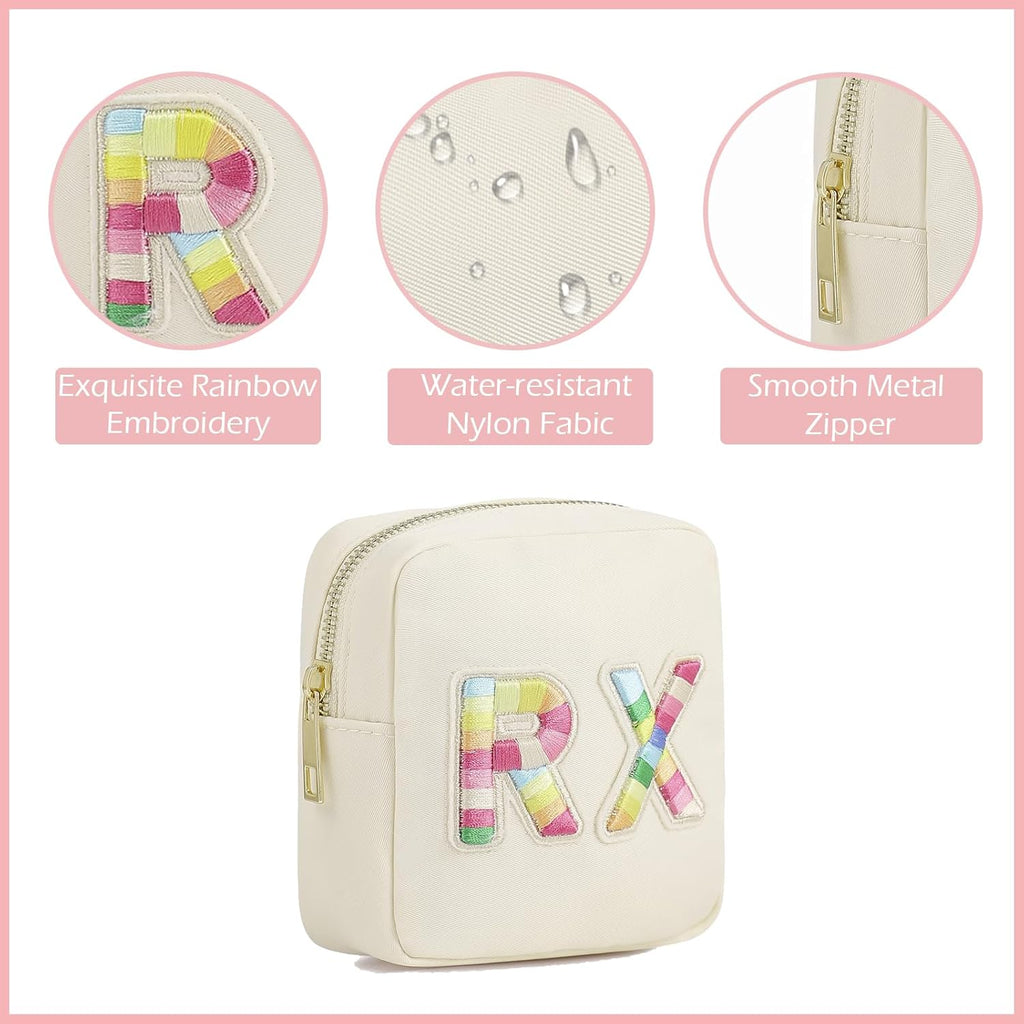 Small Nylon Rx Medicine Bag, Cute Waterproof Chenille Letter Patch Drug Makeup Bag with Metal Zipper, Pill Bag for Purse, Mini Travel First Aid Purse Organizer Machine Washable (08Beige RX)