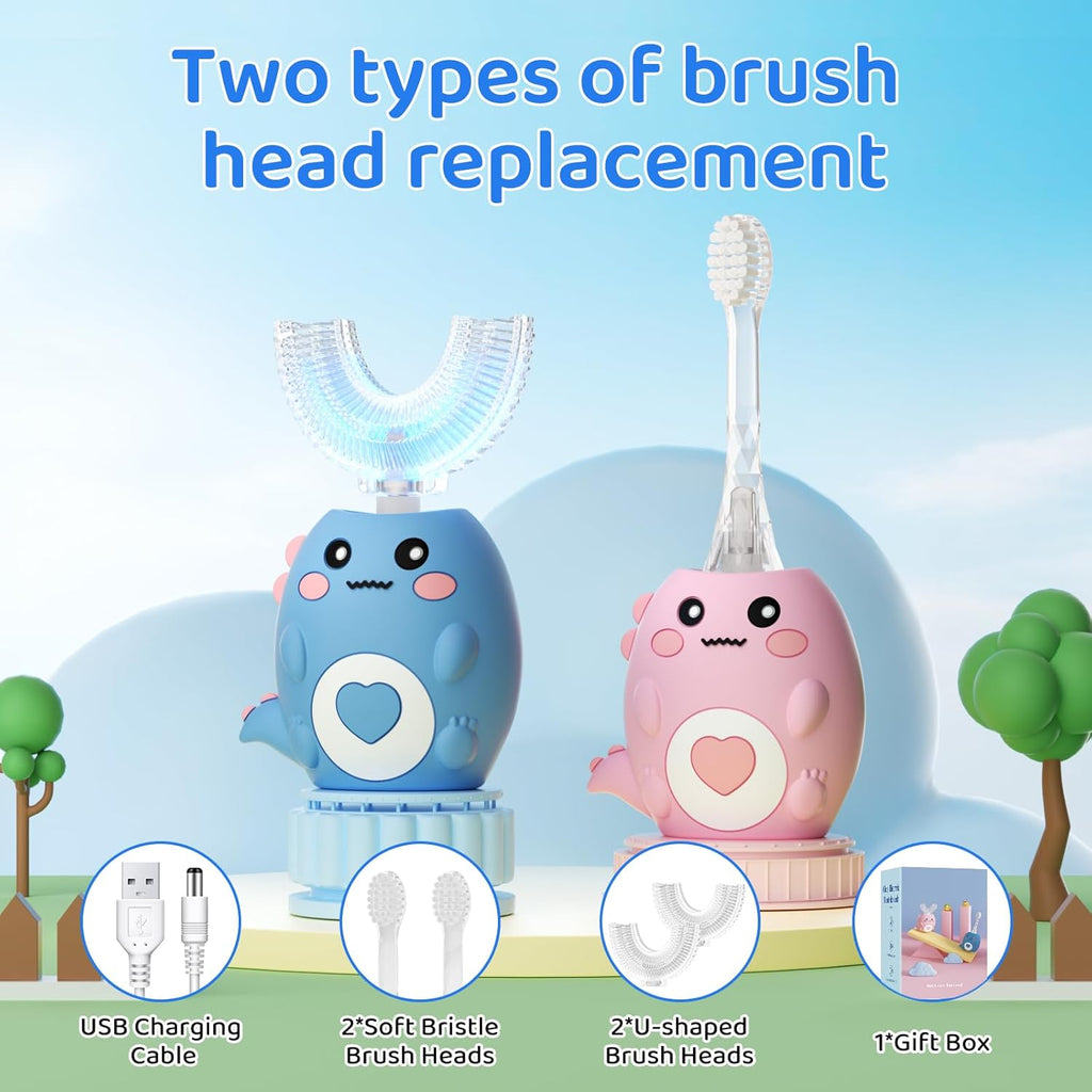 Kids U Shaped Electric Toothbrush, with 3 Cleaning Modes, with 4 Brush Heads, 360° Sonic Automatic Toothbrush, IPX7 Waterproof Cartoon Dinosaur Design (Ages 2-12)