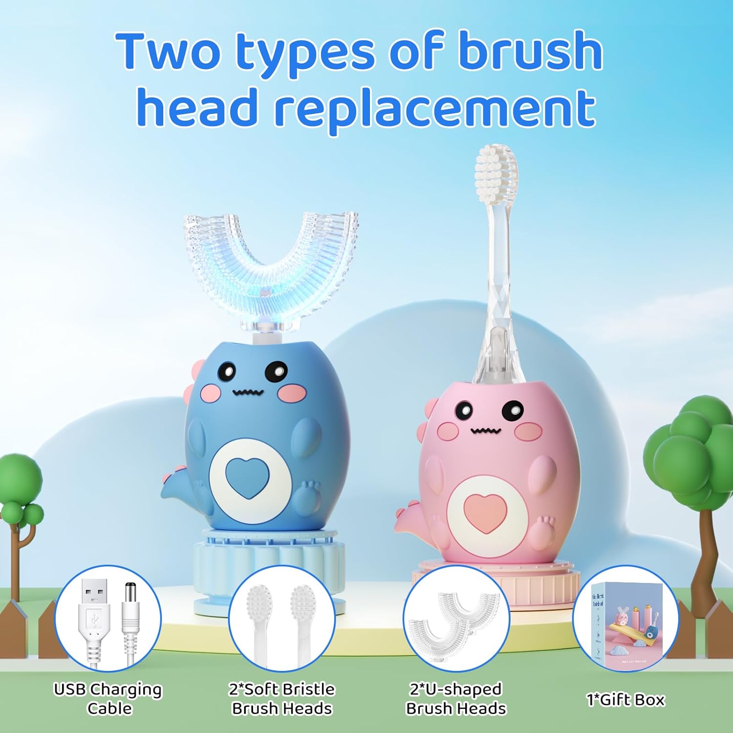 Kids U Shaped Electric Toothbrush, with 3 Cleaning Modes, with 4 Brush Heads, 360° Sonic Automatic Toothbrush, IPX7 Waterproof Cartoon Dinosaur Design (Ages 2-12)