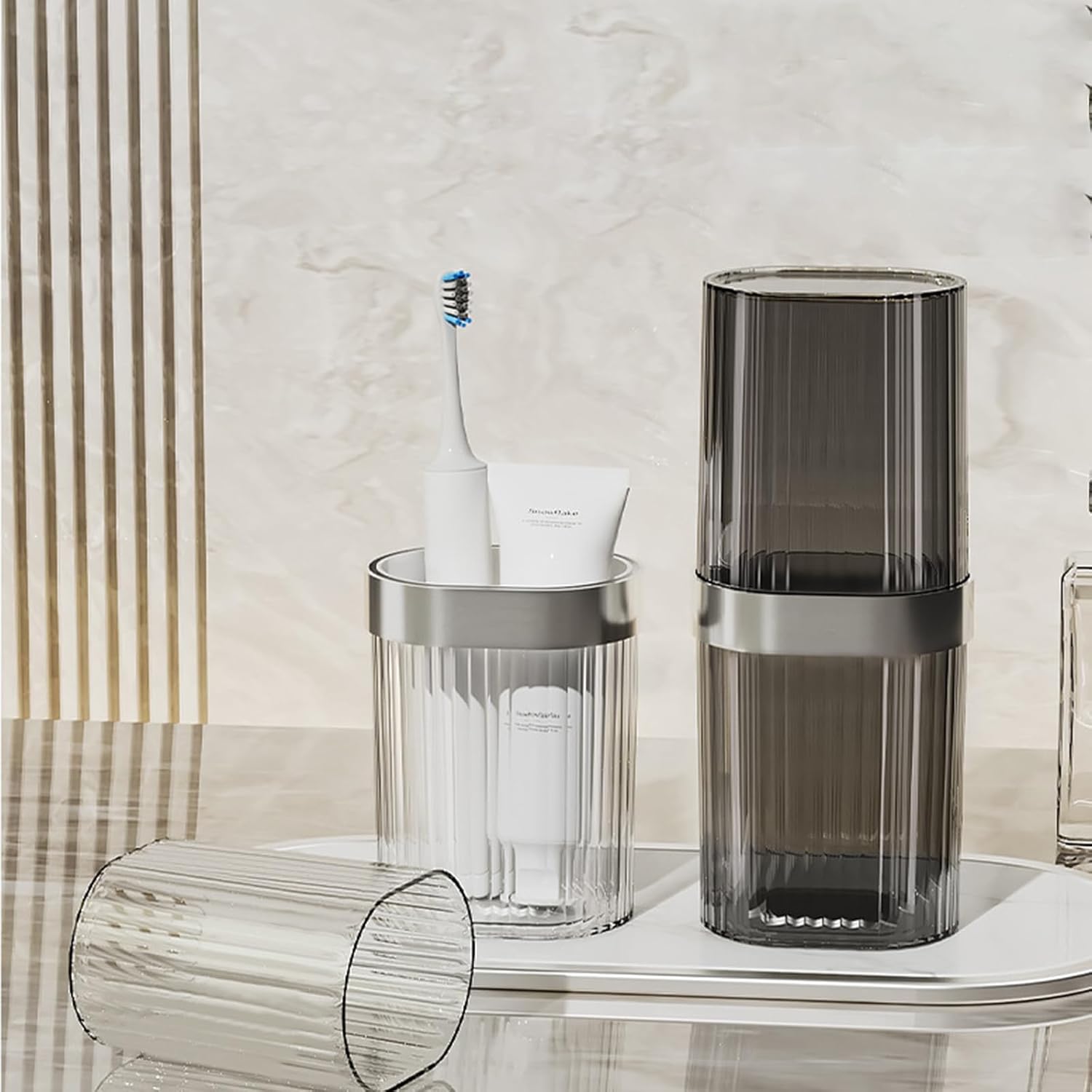 Travel Toothbrush Cup Case, Toothbrush Travel Container Portable Travel Toothbrush Holder Toothpaste Storage for School Camping Business Trip Bathroom (White,Grey)