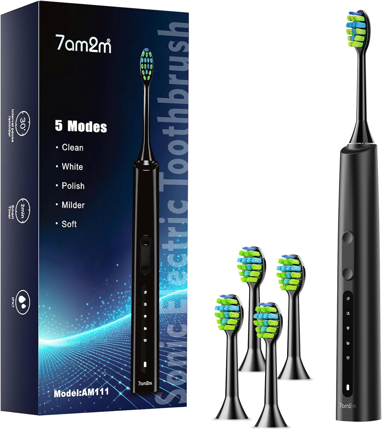 7AM2M Sonic Electric Toothbrush for Adults and Kids, 40000VPM Power Toothbrushes, USB-C Rechargeable with 4 Brush Heads, 5 Modes, 2 Minutes Built in Smart Timer, One Charge for 60 Days (Black)